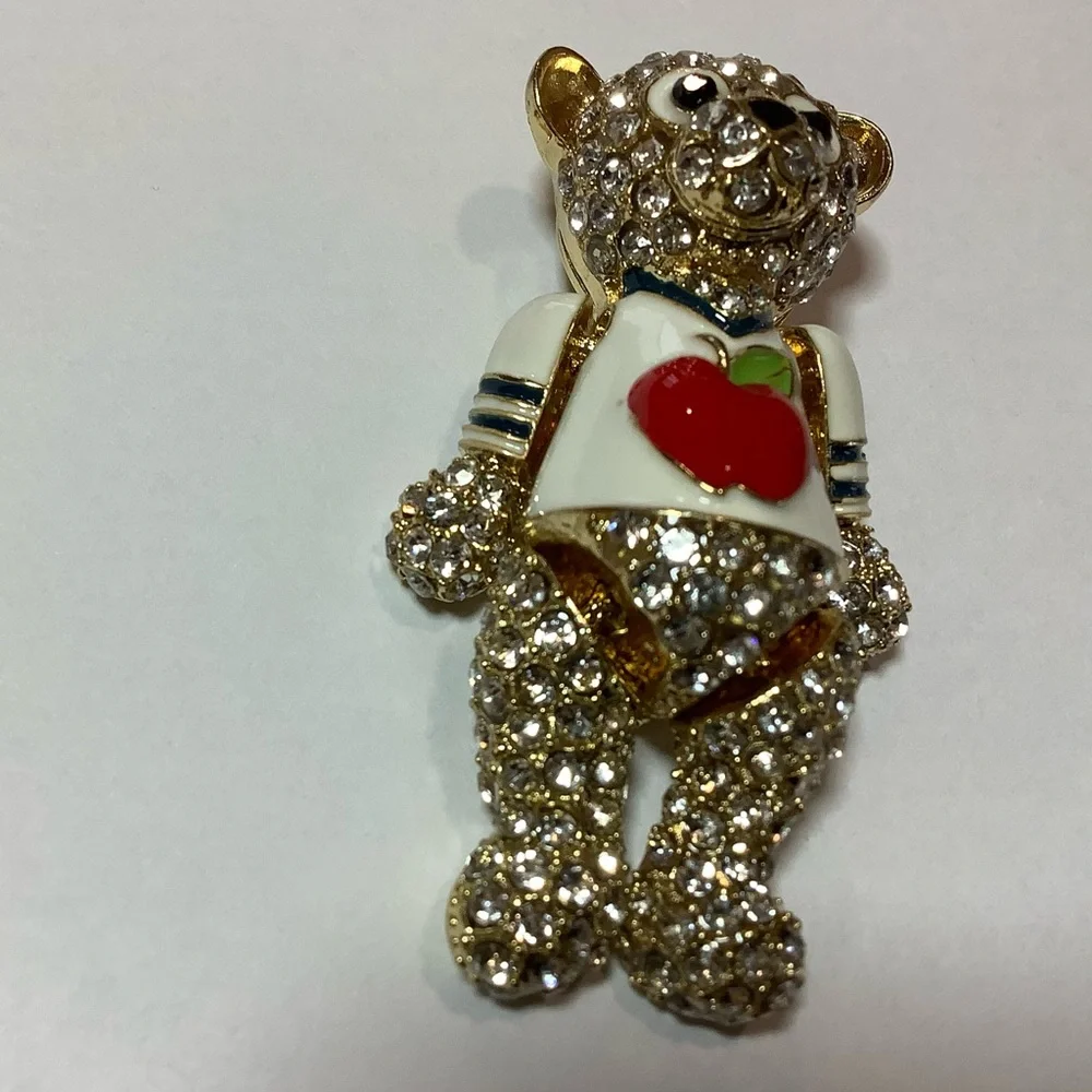 Gold-Tone Crystal Bear Apple Brooch - Picture 9 of 10